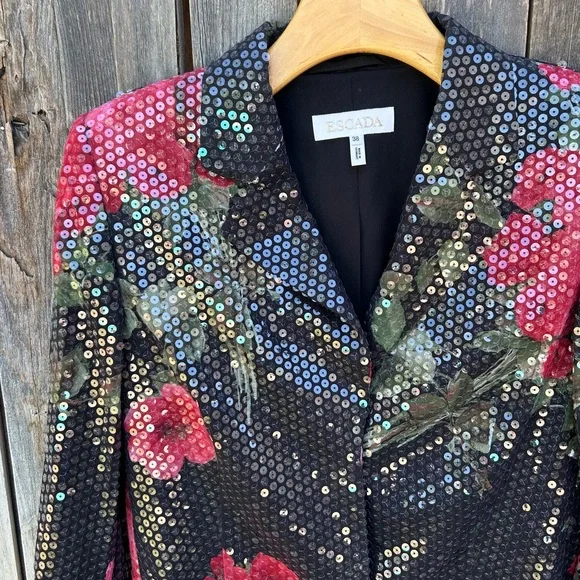 Escada Vintage Y2K Sequin Embellished Floral Blazer Jacket Black Red 38